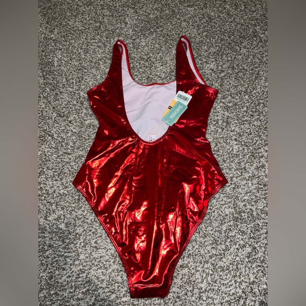 Shiny Red One-Piece Swimsuit - Picture 2 of 4